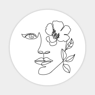 Minimal woman line art. One line woman face with flower. Magnet